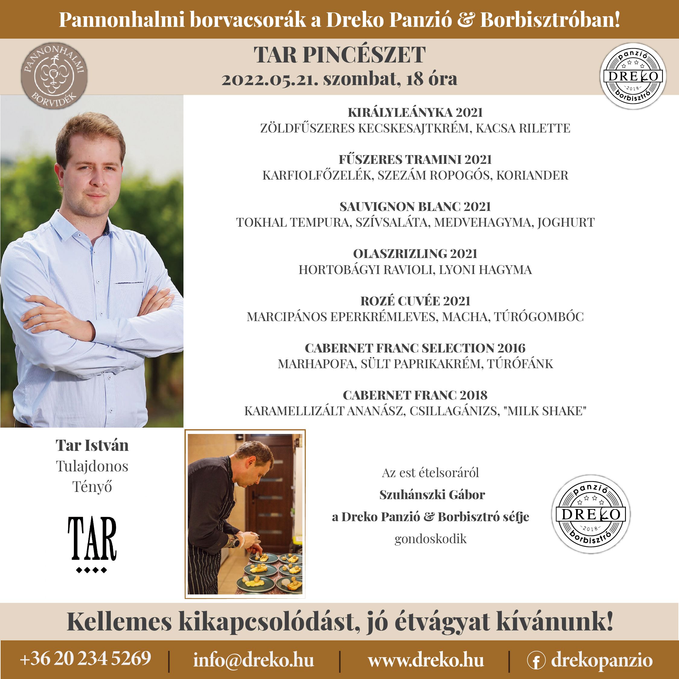 Tar Pincészet borvacsora a Dreko Panzió & Borbisztróban 2022.05.21 18:00